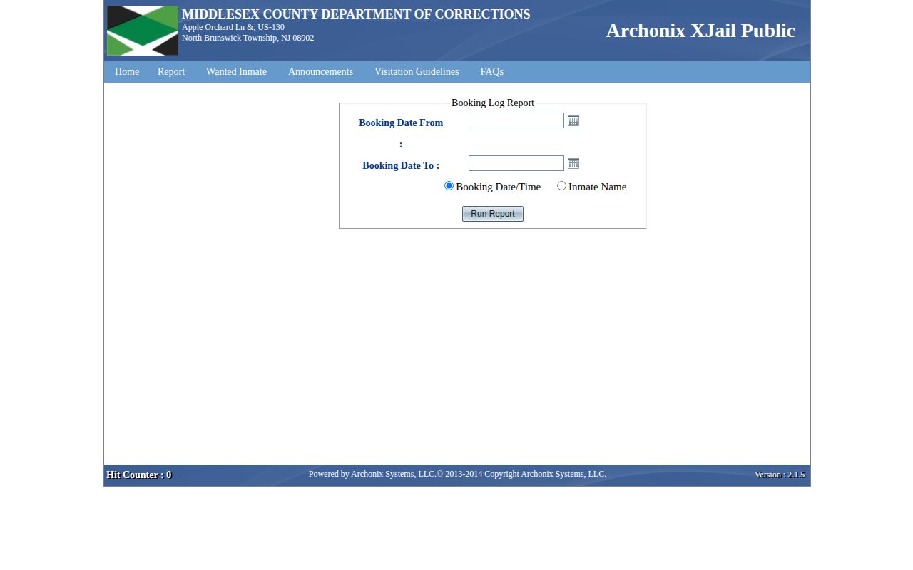 Middlesex County Booking Log Report for recent booking records