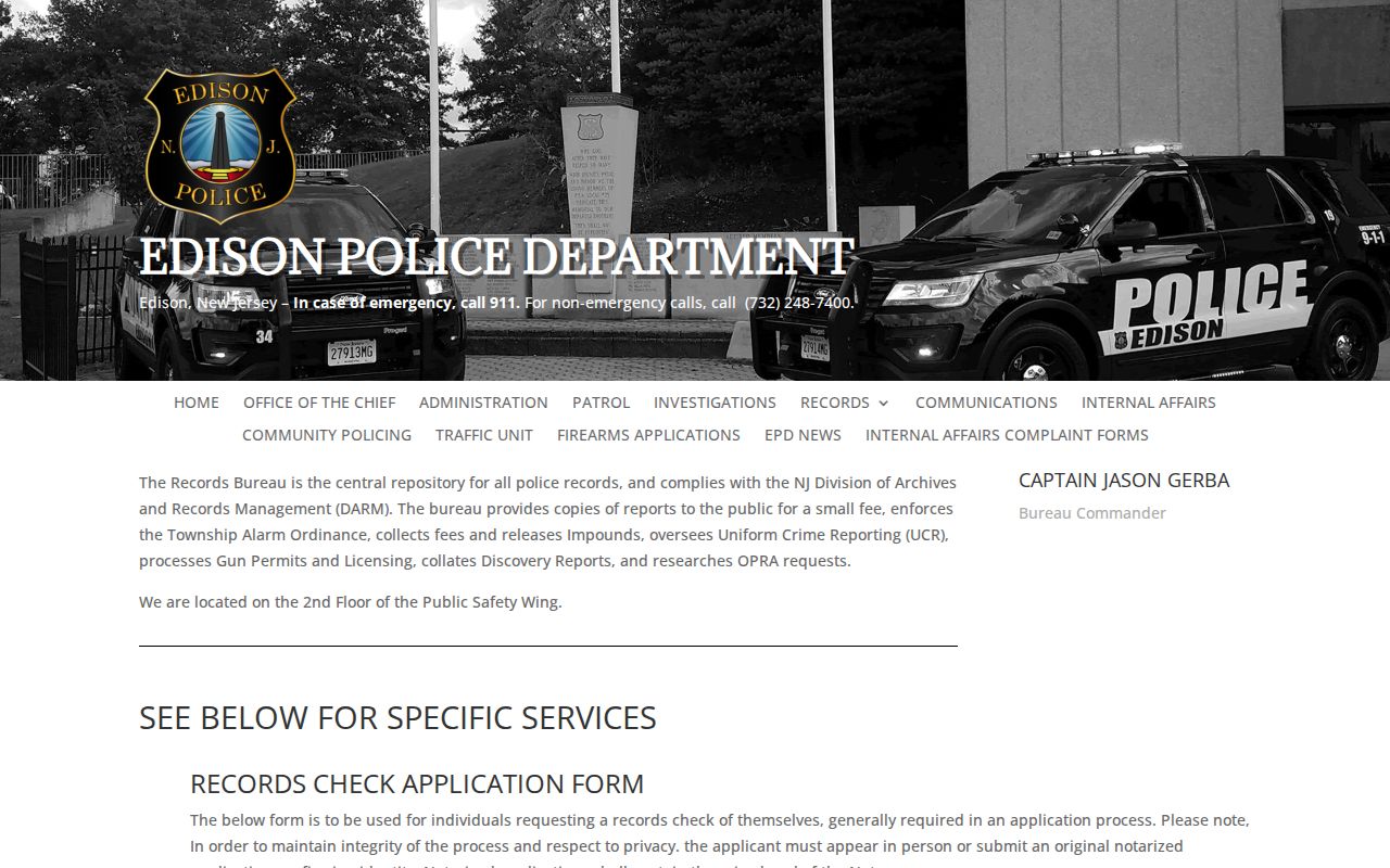 Middlesex County Edison Police Records Bureau arrest-record request source
