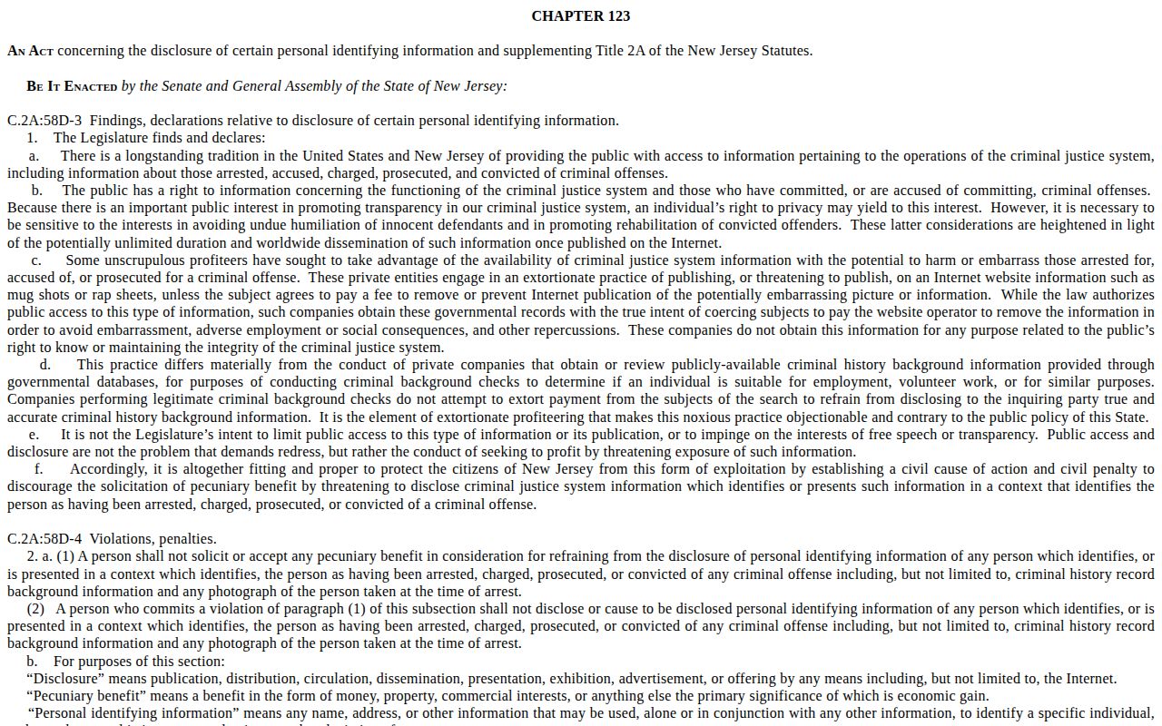New Jersey law page for Middlesex County booking-photo record guidance